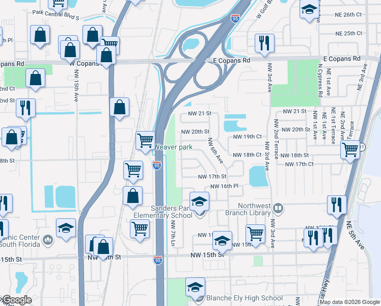 map of restaurants, bars, coffee shops, grocery stores, and more near 750 Northwest 18th Street in Pompano Beach