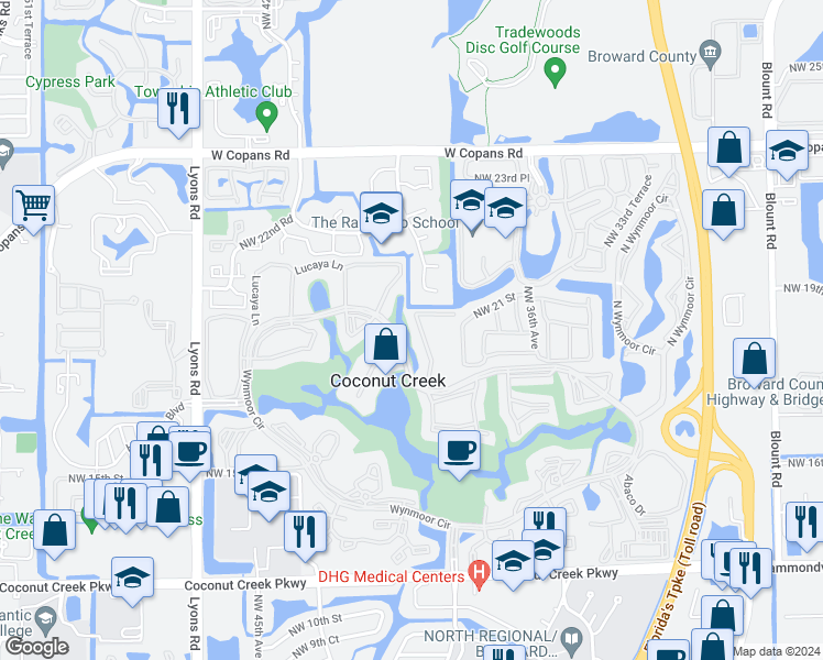 map of restaurants, bars, coffee shops, grocery stores, and more near 2005 Granada Drive in Coconut Creek
