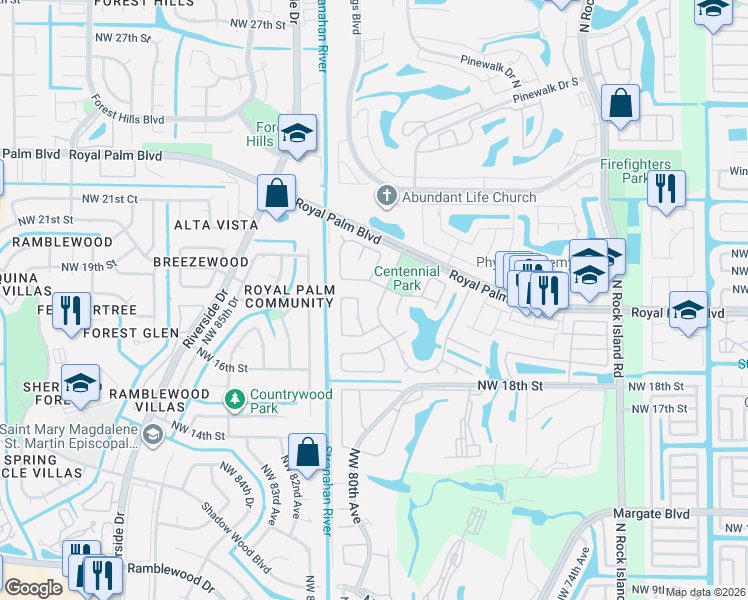 map of restaurants, bars, coffee shops, grocery stores, and more near 7820 Sunflower Drive in Margate