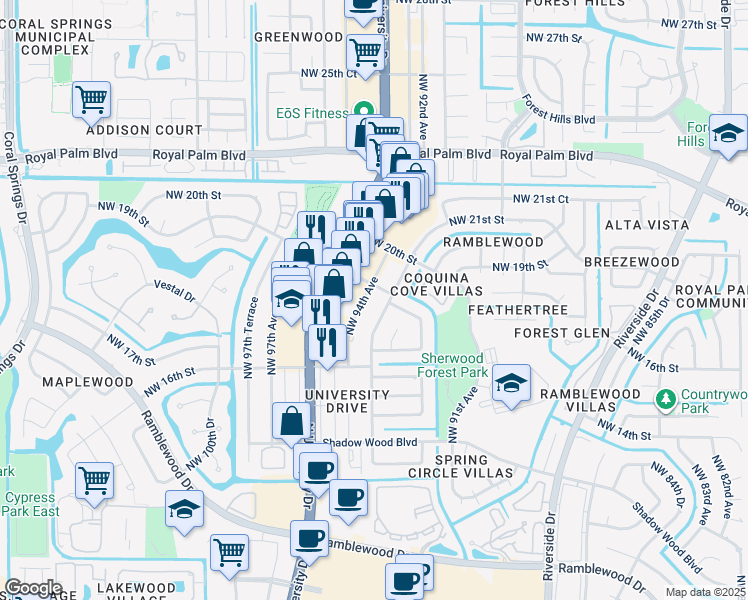 map of restaurants, bars, coffee shops, grocery stores, and more near 1775 Northwest 93rd Terrace in Coral Springs