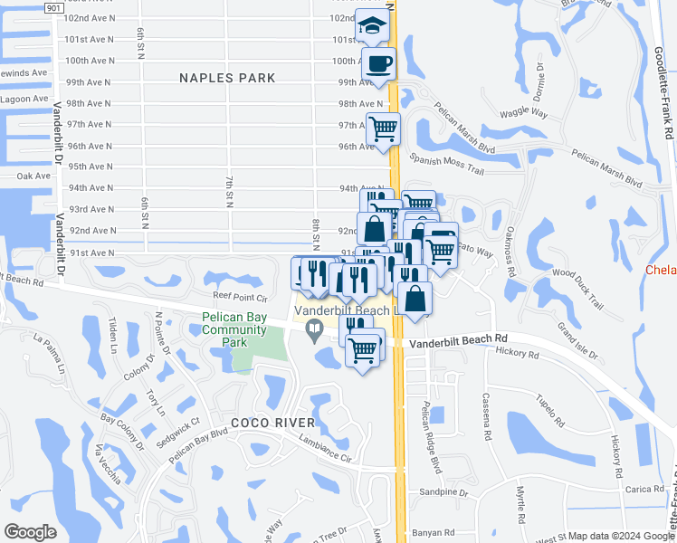 map of restaurants, bars, coffee shops, grocery stores, and more near 845 Gulf Pavillion Drive in Naples