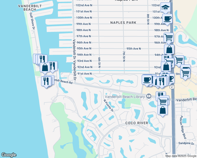 map of restaurants, bars, coffee shops, grocery stores, and more near 631 Beachwalk Circle in Naples