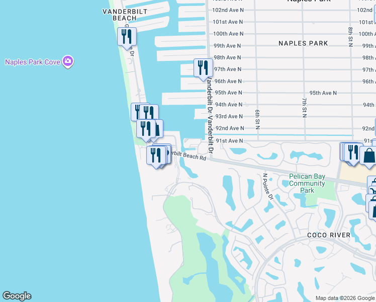 map of restaurants, bars, coffee shops, grocery stores, and more near 385 Vanderbilt Beach Road in Naples