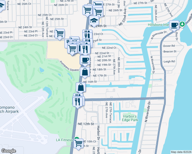 map of restaurants, bars, coffee shops, grocery stores, and more near 2451 Northeast 16th Street in Pompano Beach
