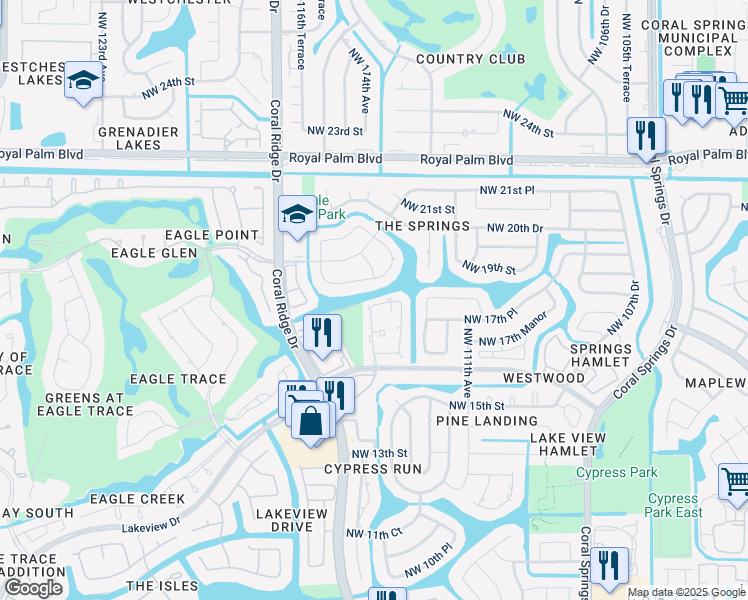 map of restaurants, bars, coffee shops, grocery stores, and more near 11413 Lakeview Drive in Coral Springs