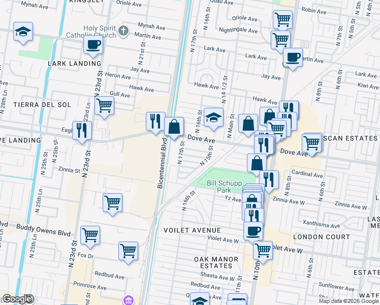 map of restaurants, bars, coffee shops, grocery stores, and more near 1605 Cardinal Avenue West in McAllen