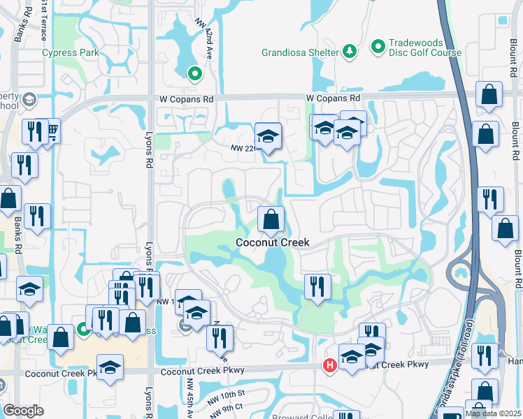 map of restaurants, bars, coffee shops, grocery stores, and more near 3201 Portofino Point in Coconut Creek