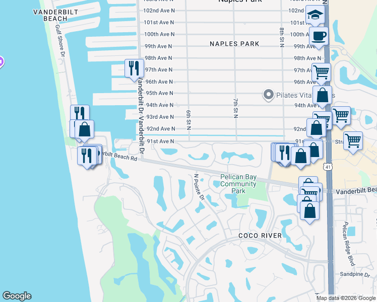 map of restaurants, bars, coffee shops, grocery stores, and more near 631 Beachwalk Circle in Naples