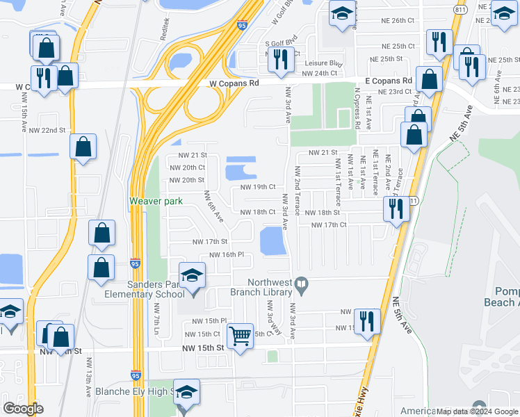 map of restaurants, bars, coffee shops, grocery stores, and more near 385 Northwest 18th Court in Pompano Beach