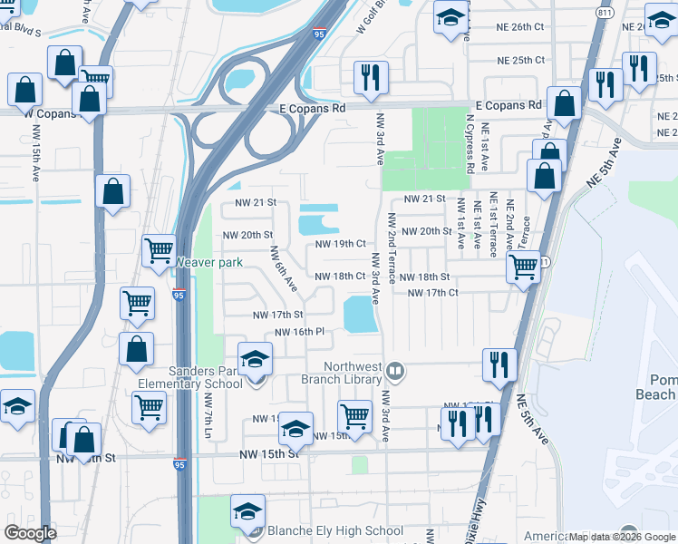 map of restaurants, bars, coffee shops, grocery stores, and more near 521 Northwest 18th Street in Pompano Beach