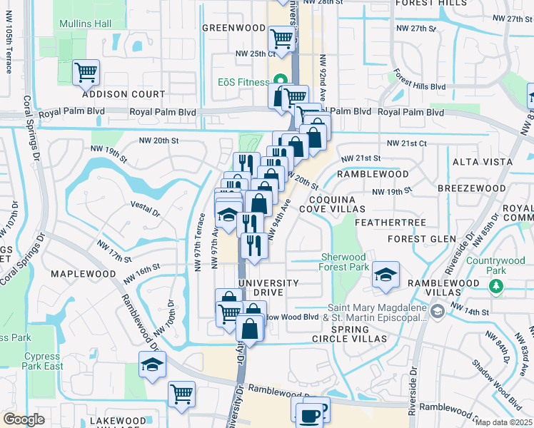 map of restaurants, bars, coffee shops, grocery stores, and more near 1801 Florida 817 in Coral Springs