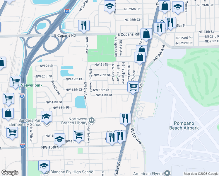 map of restaurants, bars, coffee shops, grocery stores, and more near 121 Northwest 18th Street in Pompano Beach
