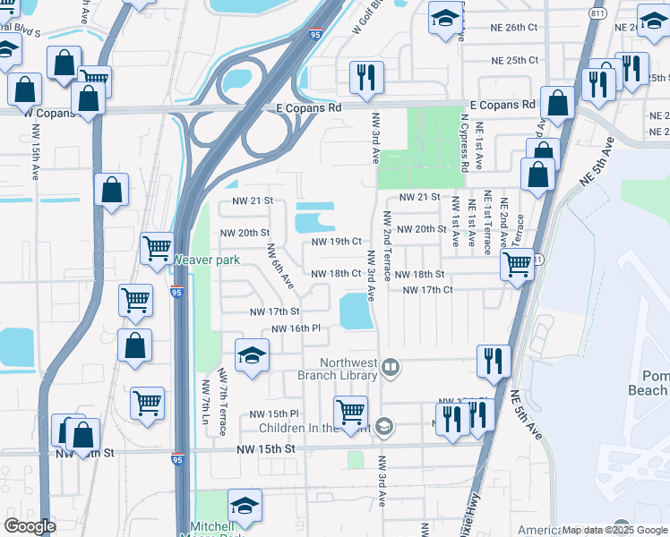 map of restaurants, bars, coffee shops, grocery stores, and more near 521 Northwest 18th Street in Pompano Beach