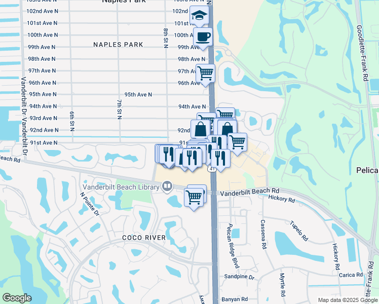 map of restaurants, bars, coffee shops, grocery stores, and more near 876-882 Gulf Pavillion Drive in Naples