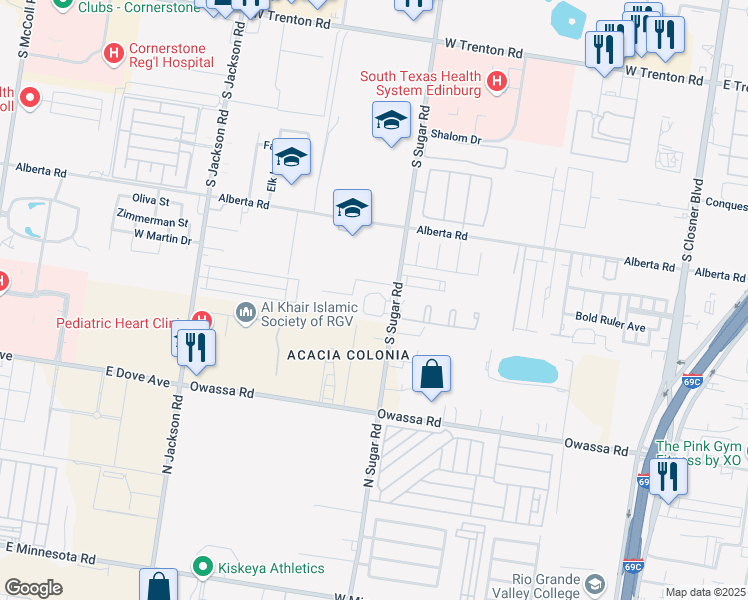 map of restaurants, bars, coffee shops, grocery stores, and more near 5327 Sugar Road in Pharr