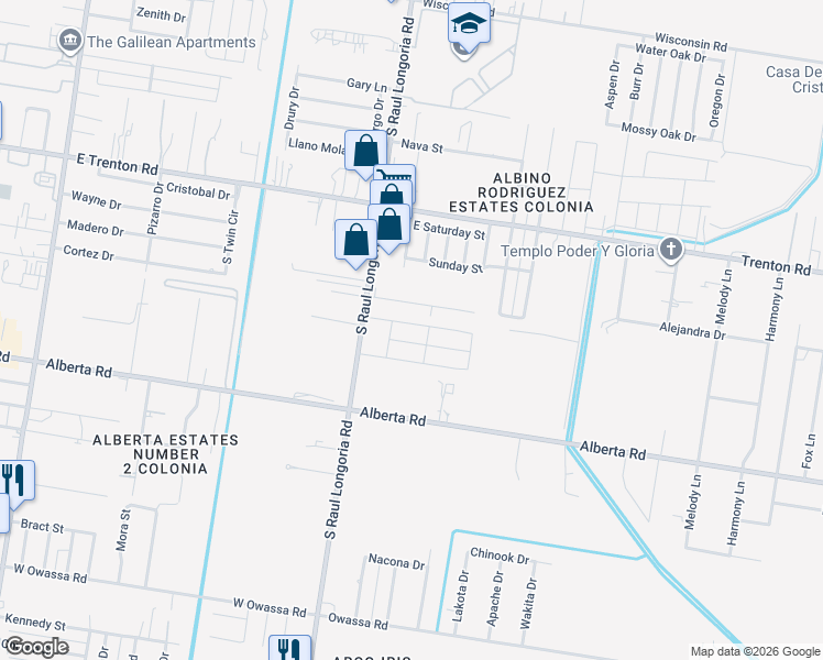 map of restaurants, bars, coffee shops, grocery stores, and more near 2721 East Alberta Road in Edinburg