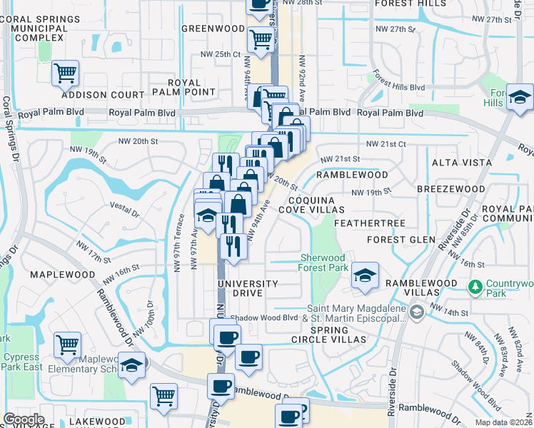 map of restaurants, bars, coffee shops, grocery stores, and more near 1775 Northwest 93rd Terrace in Coral Springs