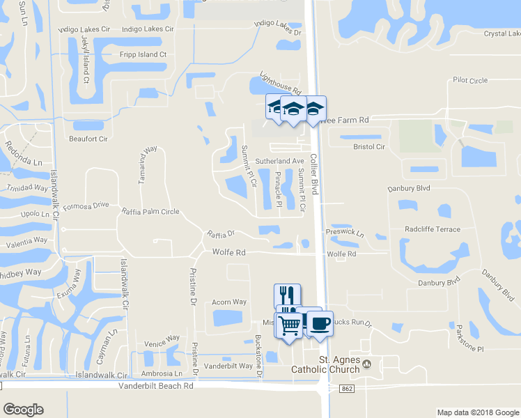 map of restaurants, bars, coffee shops, grocery stores, and more near 15676 Summit Place Circle in Naples