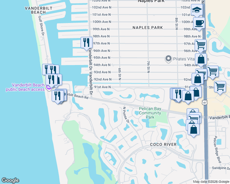 map of restaurants, bars, coffee shops, grocery stores, and more near 595 Beachwalk Circle in Naples