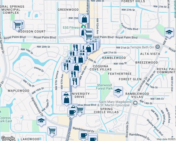 map of restaurants, bars, coffee shops, grocery stores, and more near 1775 Northwest 93rd Terrace in Coral Springs