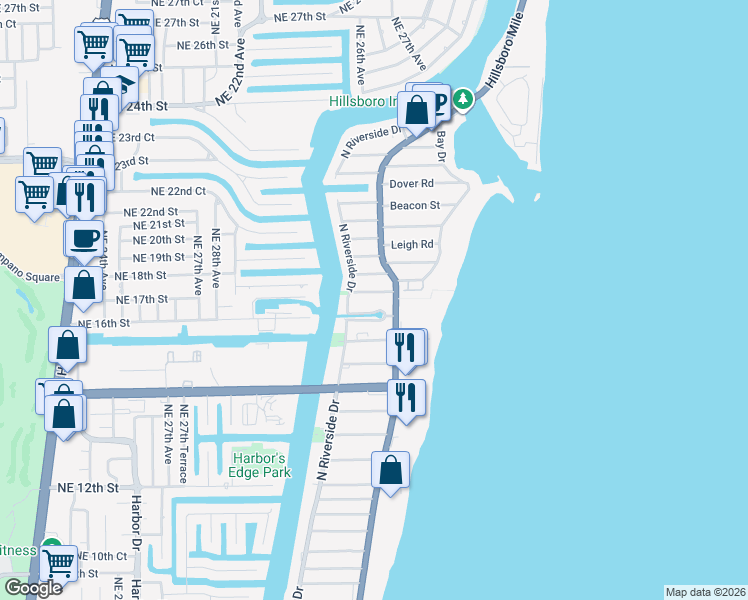 map of restaurants, bars, coffee shops, grocery stores, and more near 3210 Canal Drive in Pompano Beach