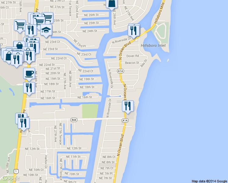 map of restaurants, bars, coffee shops, grocery stores, and more near 3210 Canal Drive in Pompano Beach