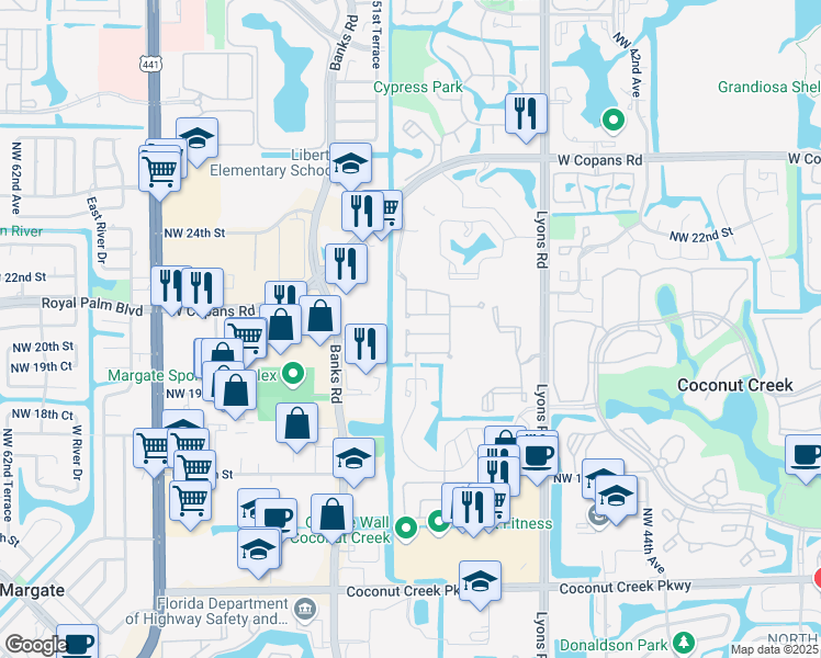 map of restaurants, bars, coffee shops, grocery stores, and more near 4849 Northwest 19th Street in Coconut Creek