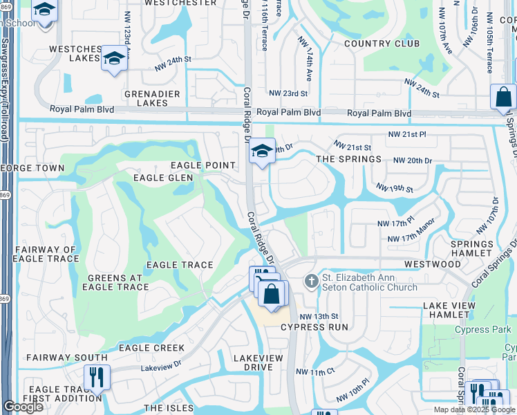 map of restaurants, bars, coffee shops, grocery stores, and more near 11654 Northwest 19th Drive in Coral Springs