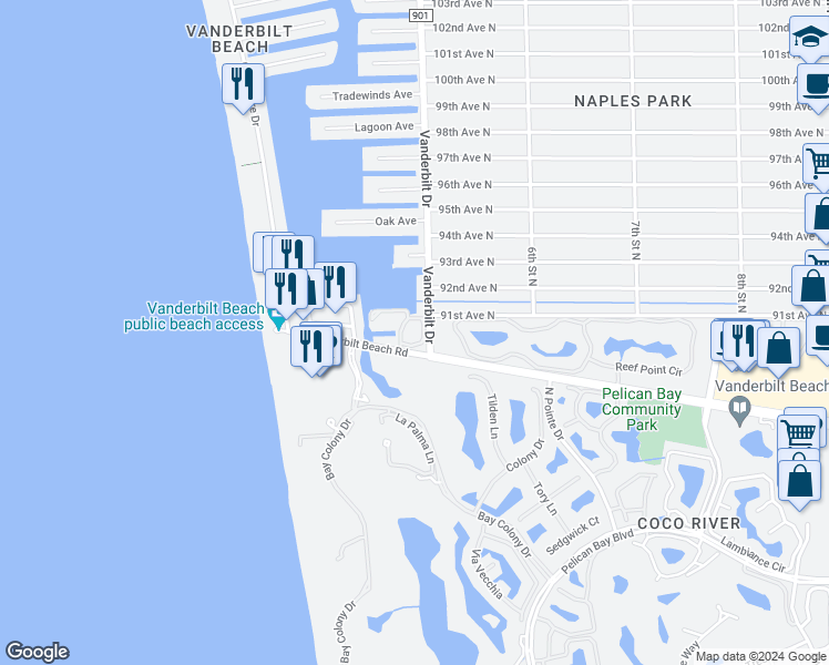 map of restaurants, bars, coffee shops, grocery stores, and more near 497 Vanderbilt Beach Road in Naples