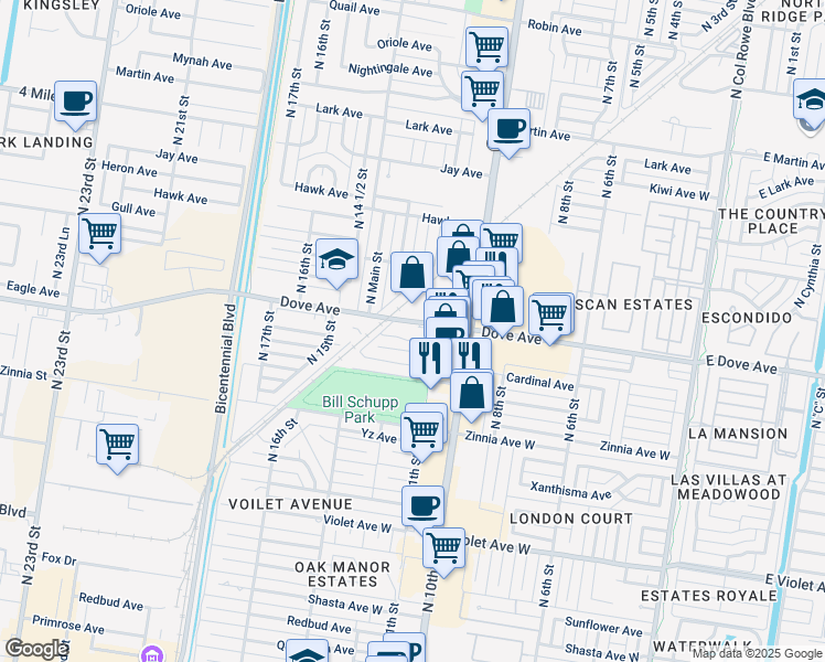 map of restaurants, bars, coffee shops, grocery stores, and more near 1102 East Cardinal Avenue in McAllen