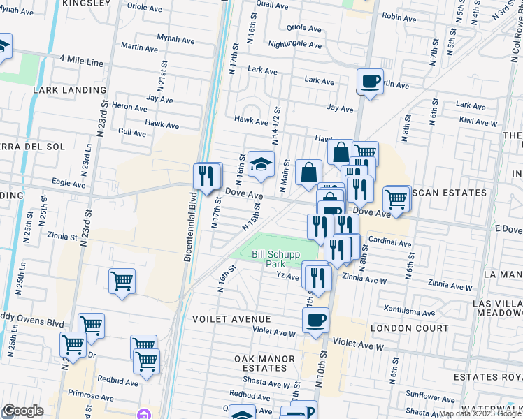 map of restaurants, bars, coffee shops, grocery stores, and more near 1312 Bluebird Avenue in McAllen
