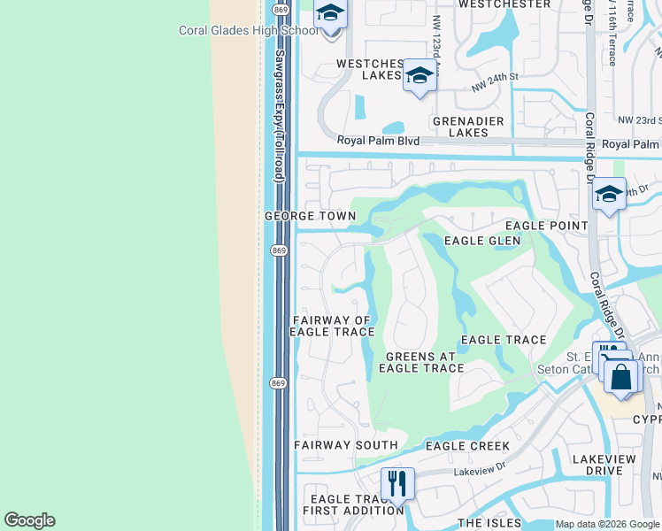 map of restaurants, bars, coffee shops, grocery stores, and more near 1835 Eagle Trace Boulevard West in Coral Springs
