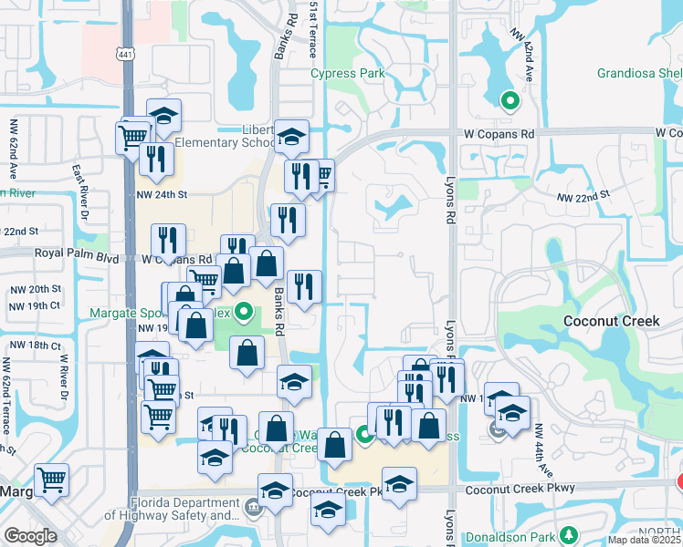 map of restaurants, bars, coffee shops, grocery stores, and more near 4849 Northwest 19th Street in Coconut Creek