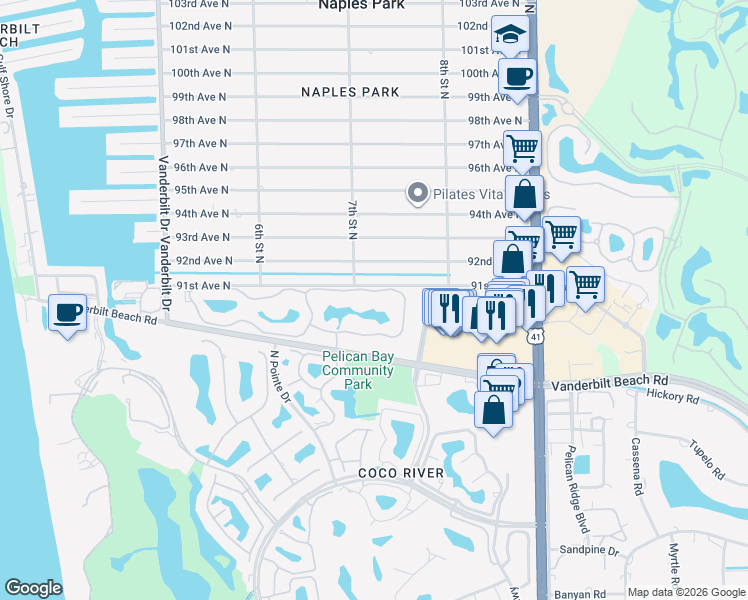 map of restaurants, bars, coffee shops, grocery stores, and more near 727 Reef Point Circle in Naples