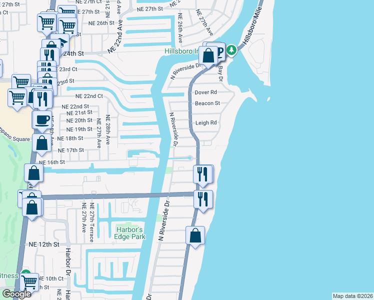 map of restaurants, bars, coffee shops, grocery stores, and more near 3210 Canal Drive in Pompano Beach