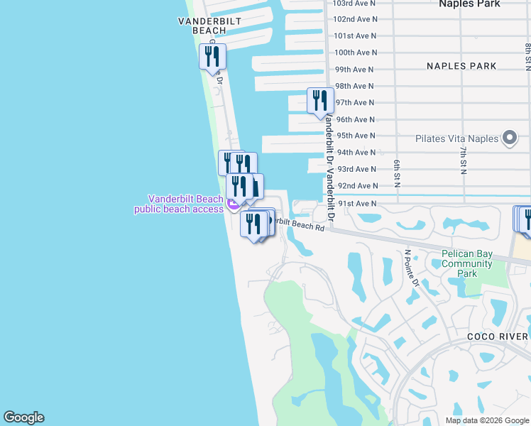 map of restaurants, bars, coffee shops, grocery stores, and more near 260 Southbay Drive in Naples
