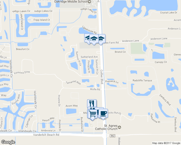 map of restaurants, bars, coffee shops, grocery stores, and more near 14850 Pinnacle Place in Naples