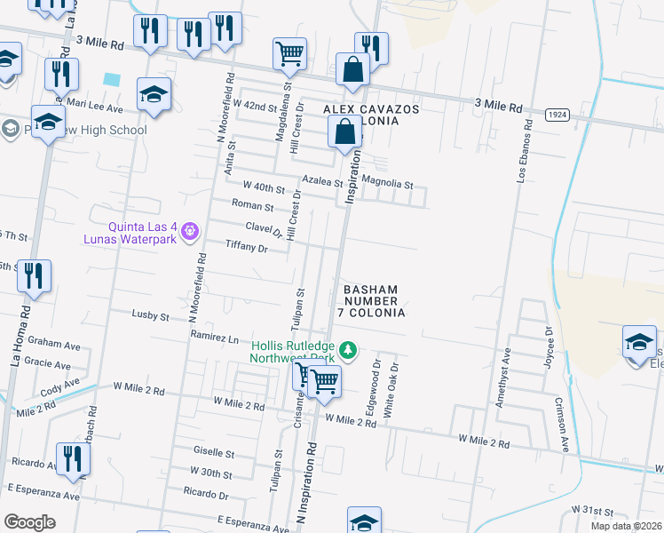 map of restaurants, bars, coffee shops, grocery stores, and more near 3804 Crisantema Street in Mission