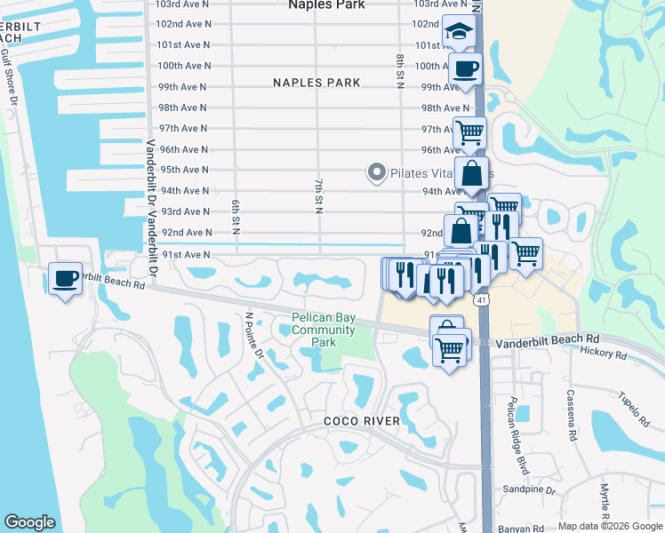 map of restaurants, bars, coffee shops, grocery stores, and more near 711 91st Avenue North in Naples