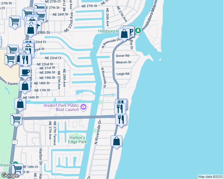 map of restaurants, bars, coffee shops, grocery stores, and more near 1802 North Riverside Drive in Pompano Beach