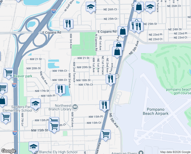 map of restaurants, bars, coffee shops, grocery stores, and more near 1910 Northeast 1st Avenue in Pompano Beach