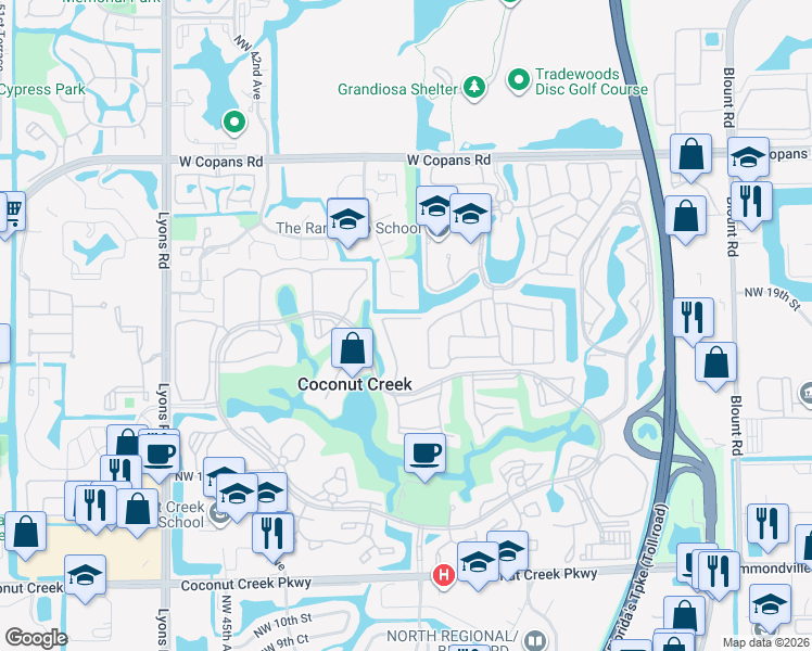 map of restaurants, bars, coffee shops, grocery stores, and more near 3910 Northwest 20th Street in Coconut Creek