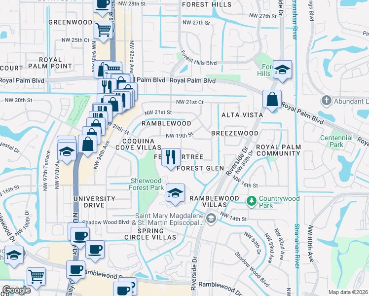 map of restaurants, bars, coffee shops, grocery stores, and more near 8866 Northwest 19th Street in Coral Springs