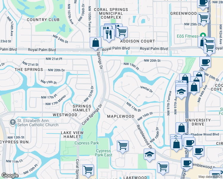 map of restaurants, bars, coffee shops, grocery stores, and more near 1730 Vestal Way in Coral Springs