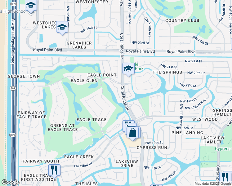 map of restaurants, bars, coffee shops, grocery stores, and more near 1853 Monte Carlo Way in Coral Springs