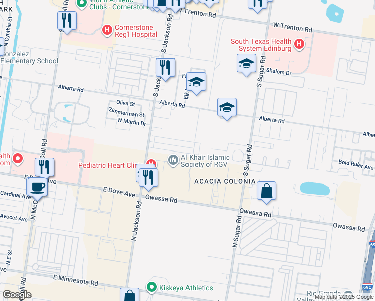 map of restaurants, bars, coffee shops, grocery stores, and more near 1913 West Western Drive in Edinburg