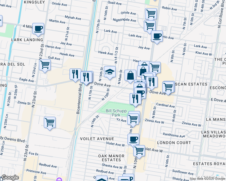 map of restaurants, bars, coffee shops, grocery stores, and more near 1410 West Dove Avenue in McAllen