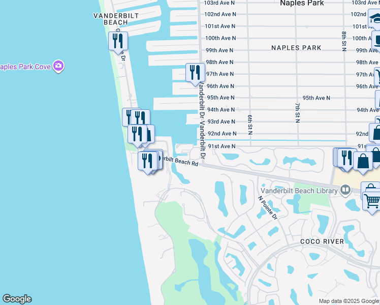 map of restaurants, bars, coffee shops, grocery stores, and more near 497 Vanderbilt Beach Road in Naples