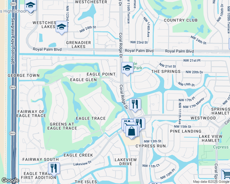 map of restaurants, bars, coffee shops, grocery stores, and more near 1853 Monte Carlo Way in Coral Springs