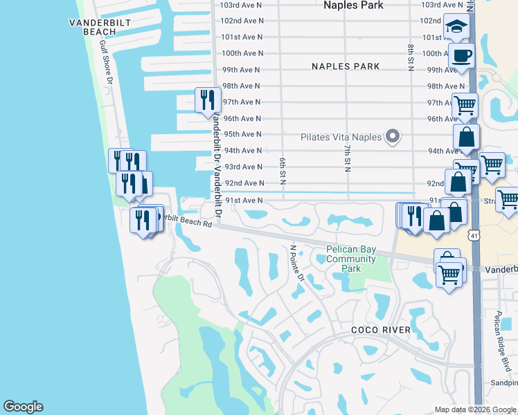 map of restaurants, bars, coffee shops, grocery stores, and more near 563 91st Avenue North in Naples